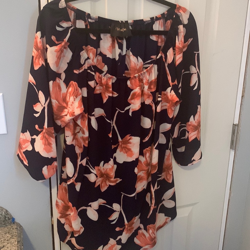 Navy and coral floral blouse!!